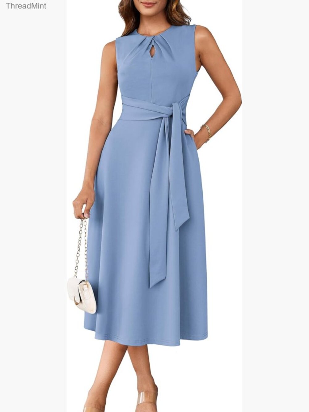 Sleeveless Tie Waist Midi Dress with Pockets Work Cocktail